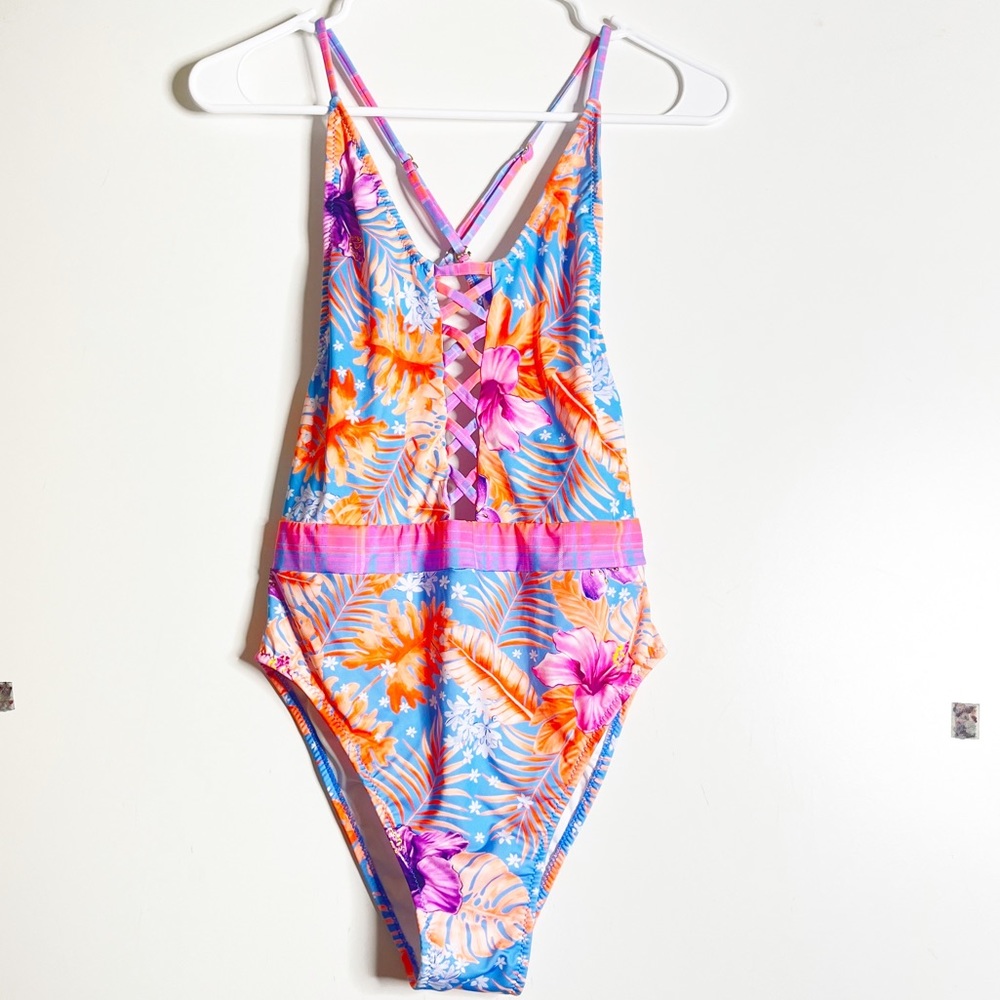 Phax palm print pink one piece cross back swimsuit